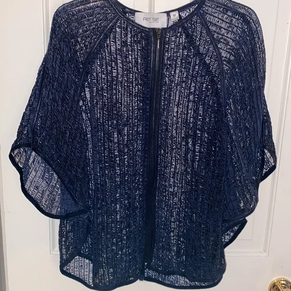 Per Se by Carlisle navy leather open mesh zip front cardigan poncho NWOT